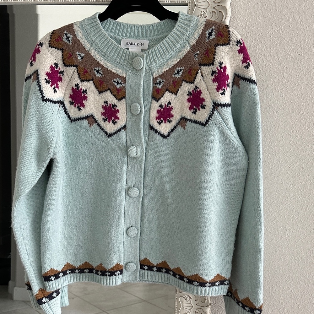 Bailey 44 Mint Blue Fair Isle Button-Front Cardigan with Pink Accents
